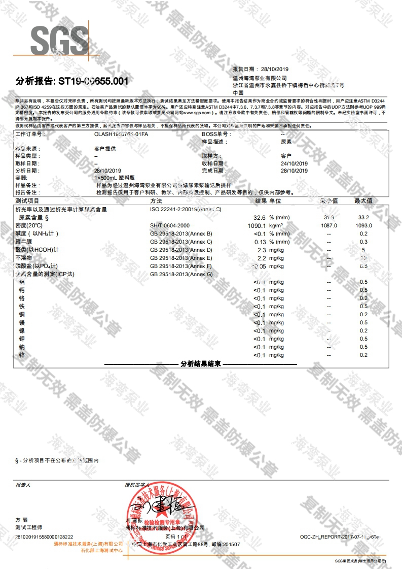 防爆尿素泵SGS分析报告