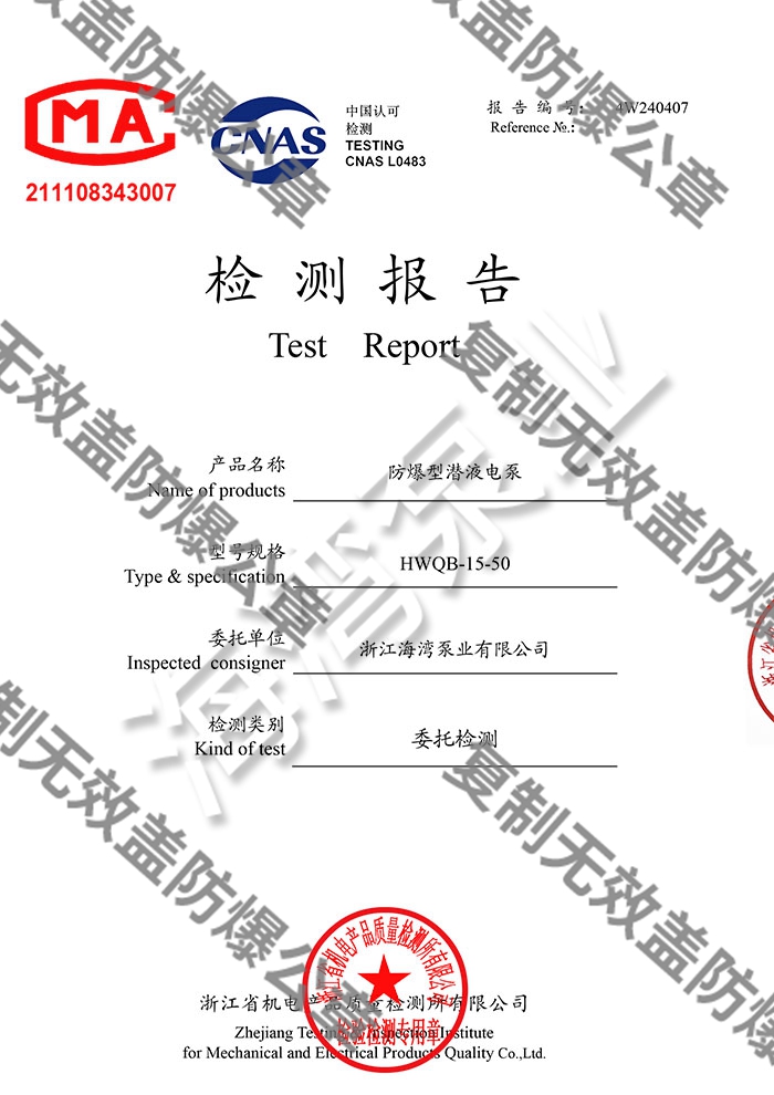 防爆排污泵二级能效测试报告